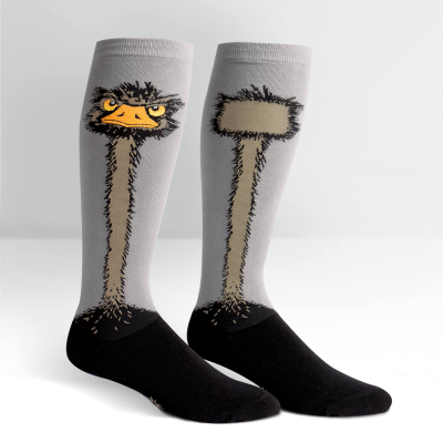 novelty knee high sock in grey and brown with an ostrich neck and head running up the leg of the sock
