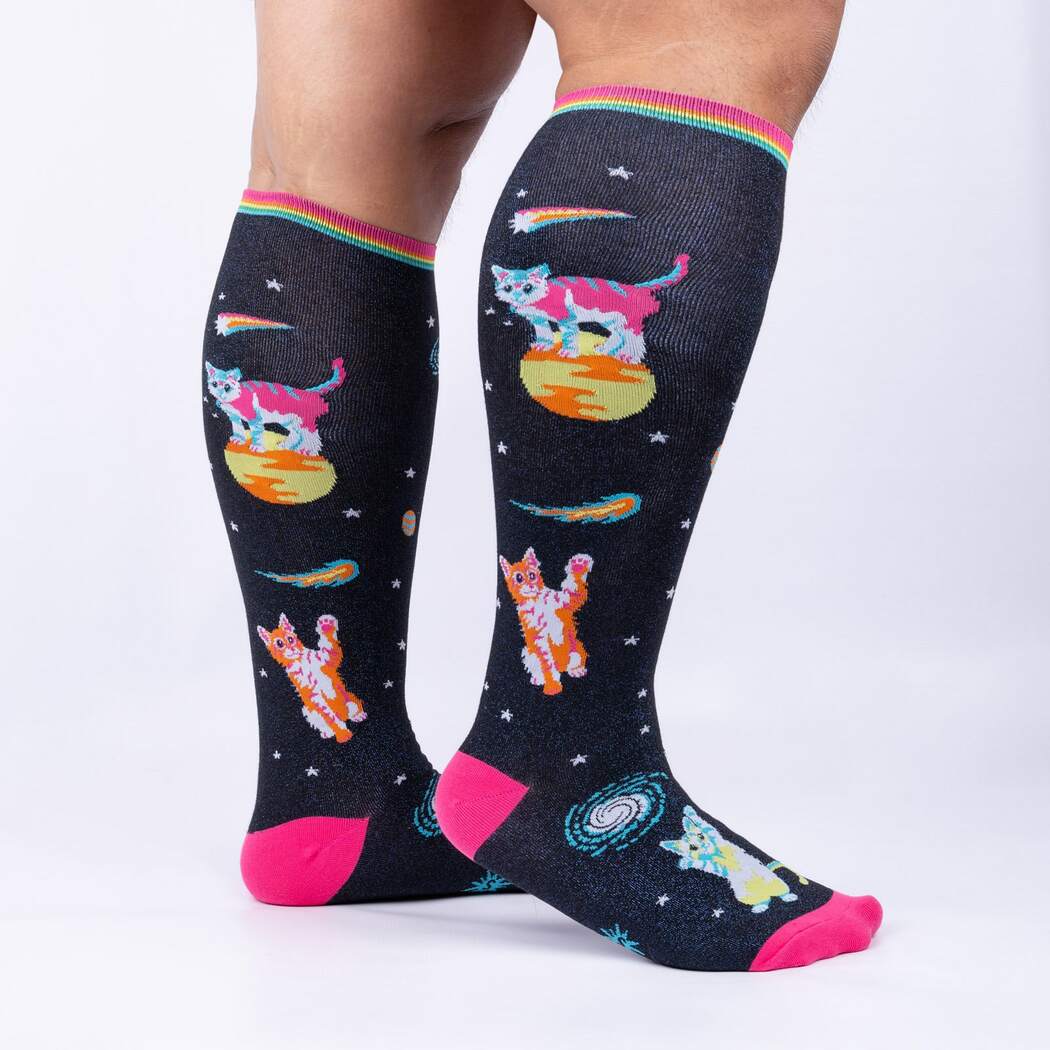 Shimmering Space Cats Knee High Sock Extra Stretchy for Wide Calves - The Sockery