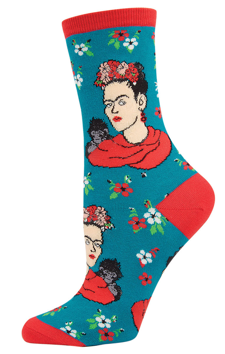 Kahlo Portrait - Ladies Crew Sock in Peacock - The Sockery