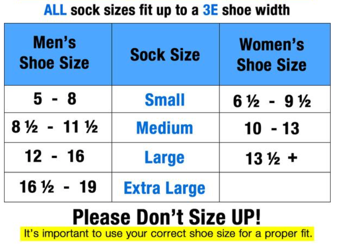Chart detailing all available sizes - The Sockery
