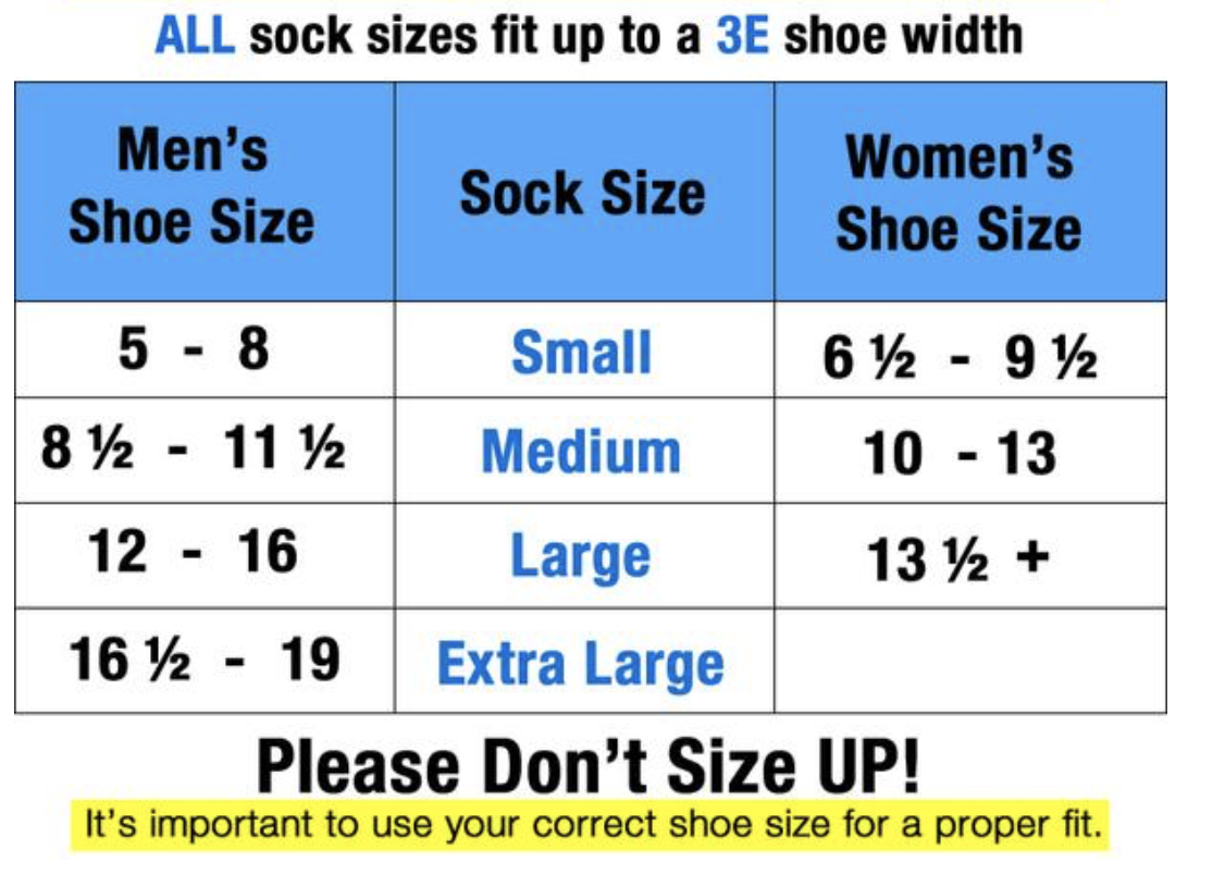 Chart depicting different size options - The Sockery
