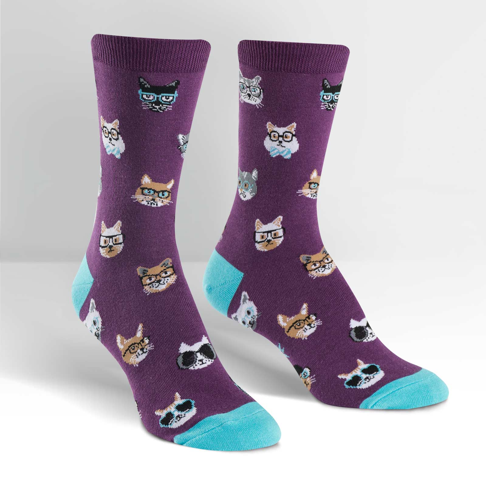 A Purple Women's Crew Socks with very clever looking cats wearing glasses and bowties. Socks have a blue top, toe and heel - The Sockery