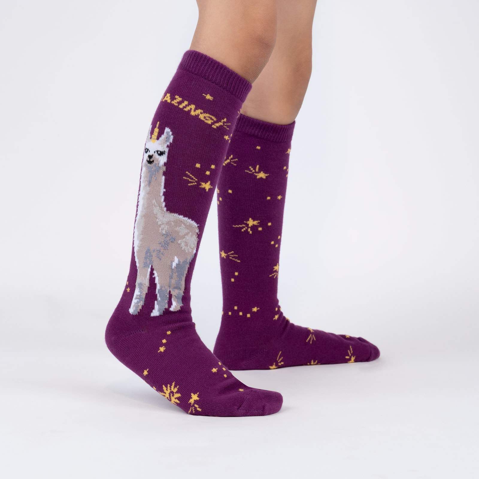 A lovely deep purple sock with a large llama on the side of the sock, with the words llama zing, side view - The Sockery