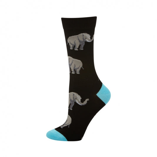 Womens black crew sock with grey elephant design and blue heel and toe