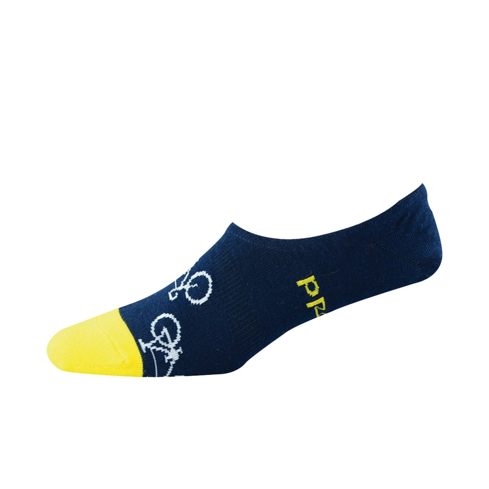 mens invisible sock with white bike design and yellow toe