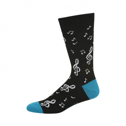 black crew sock with musical notes in white - The Sockery