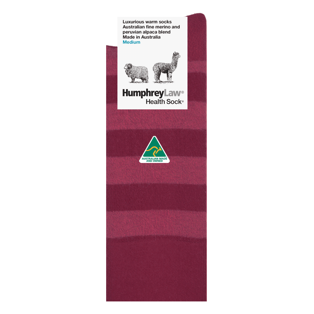 Humphrey Law Womens Merino & Alpaca Blend Australian Made Health Crew Sock in Berry Stripe