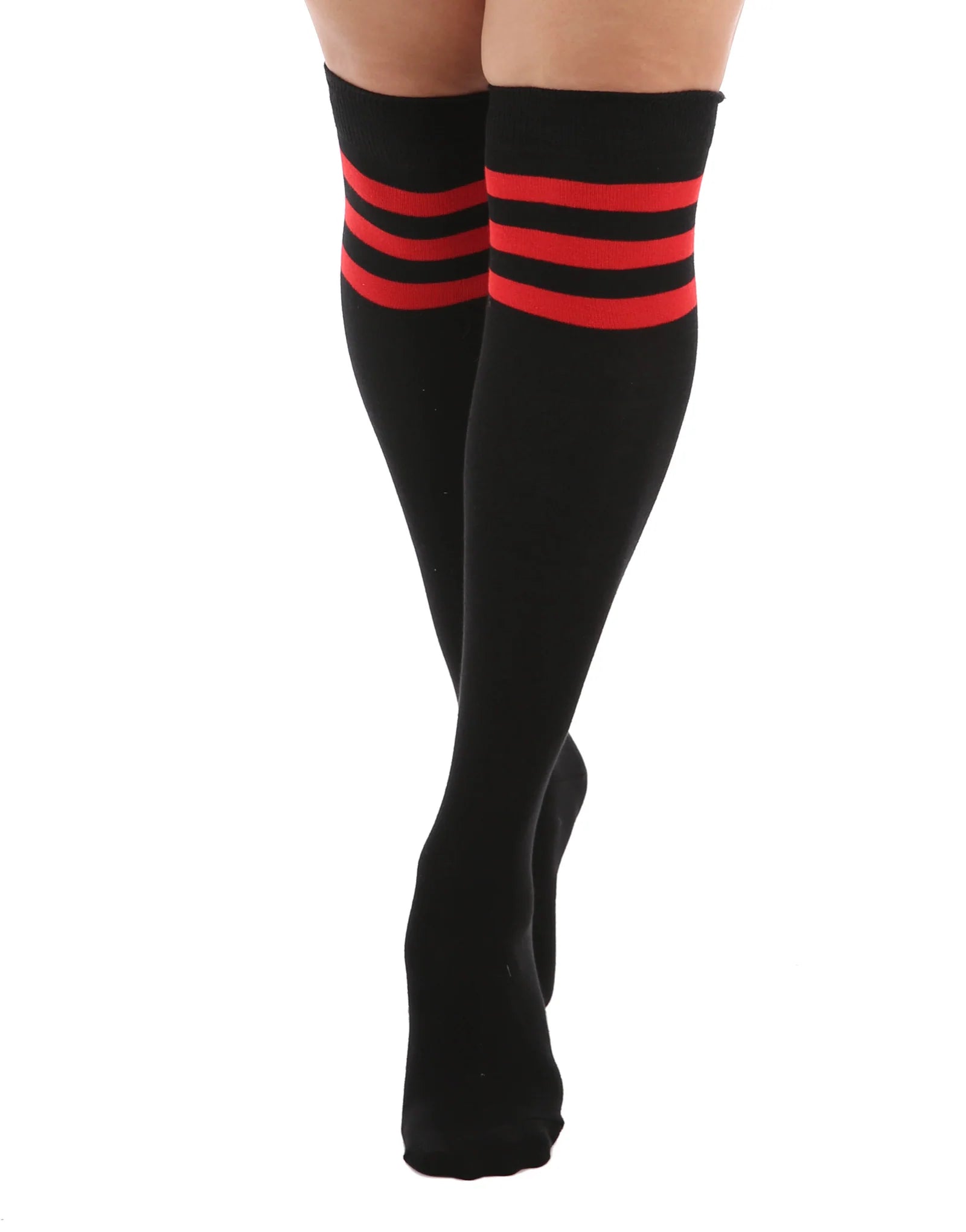 Referee Over The Knee Socks in Black with Red or White Stripes