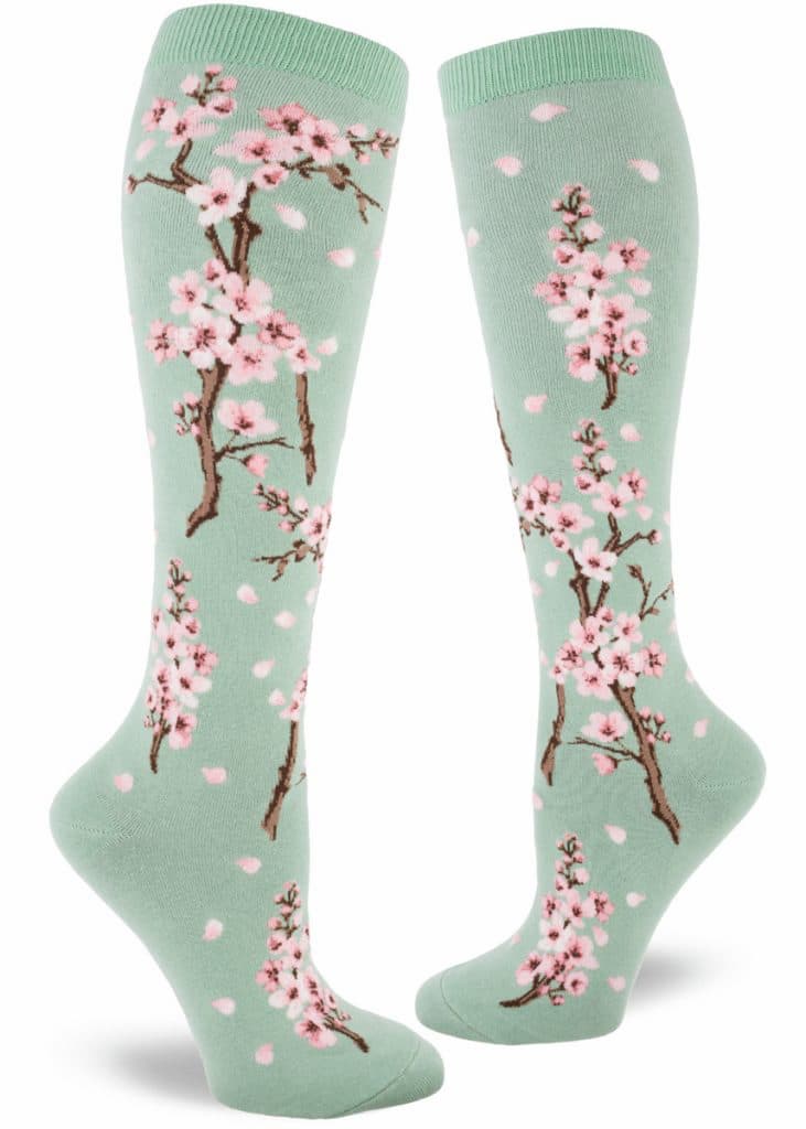 Cherry Blossoms Knee High In Mint Green - The Sockery