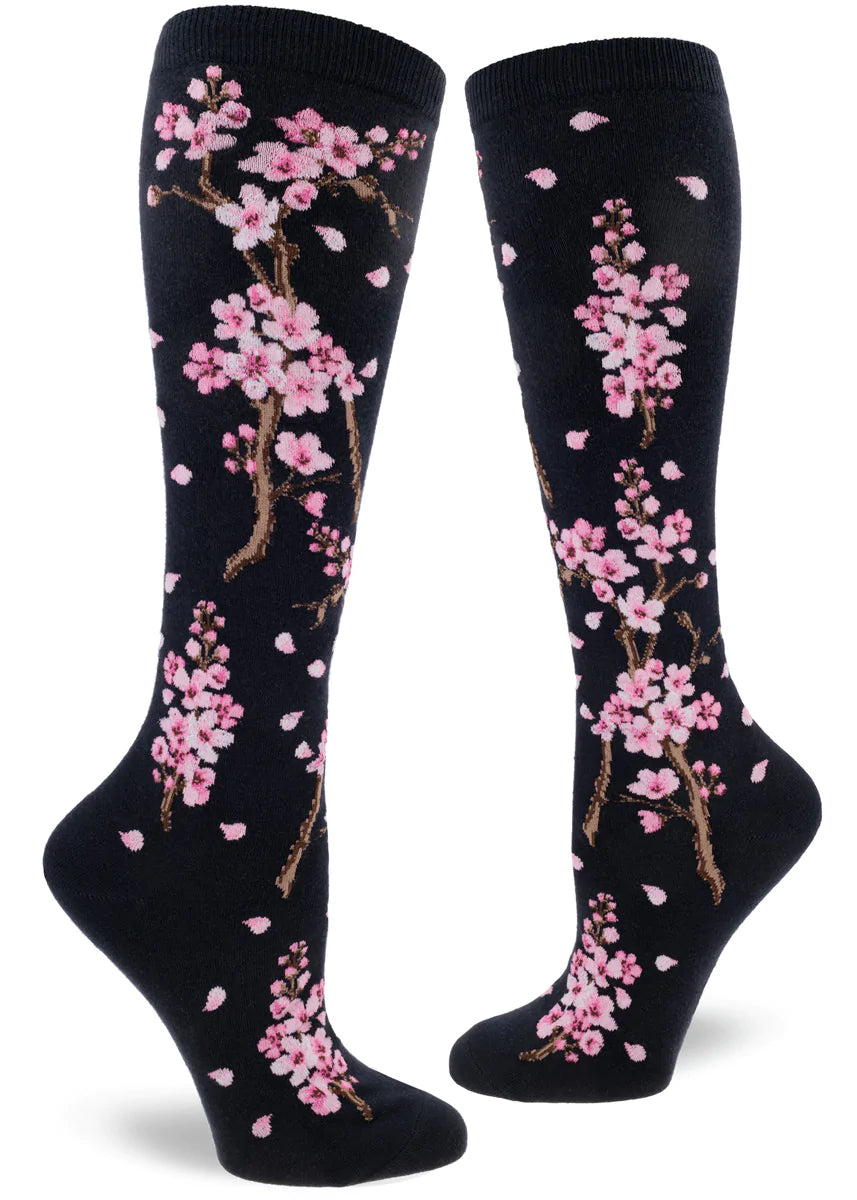 Cherry Blossoms Knee High In Navy - The Sockery