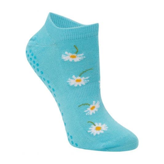 Womens light blue novelty yoga sock with white daisy design