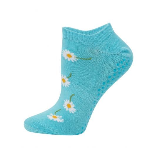 side view ofWomens light blue yoga sock with white daisy design