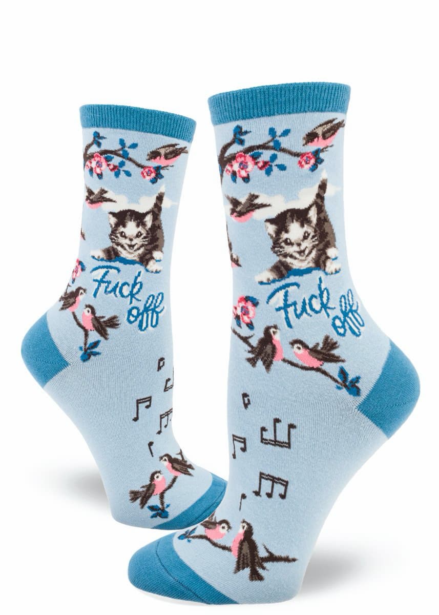 Blue womens crew sock with a kitten chasing birds and the words fuck off - The Sockery