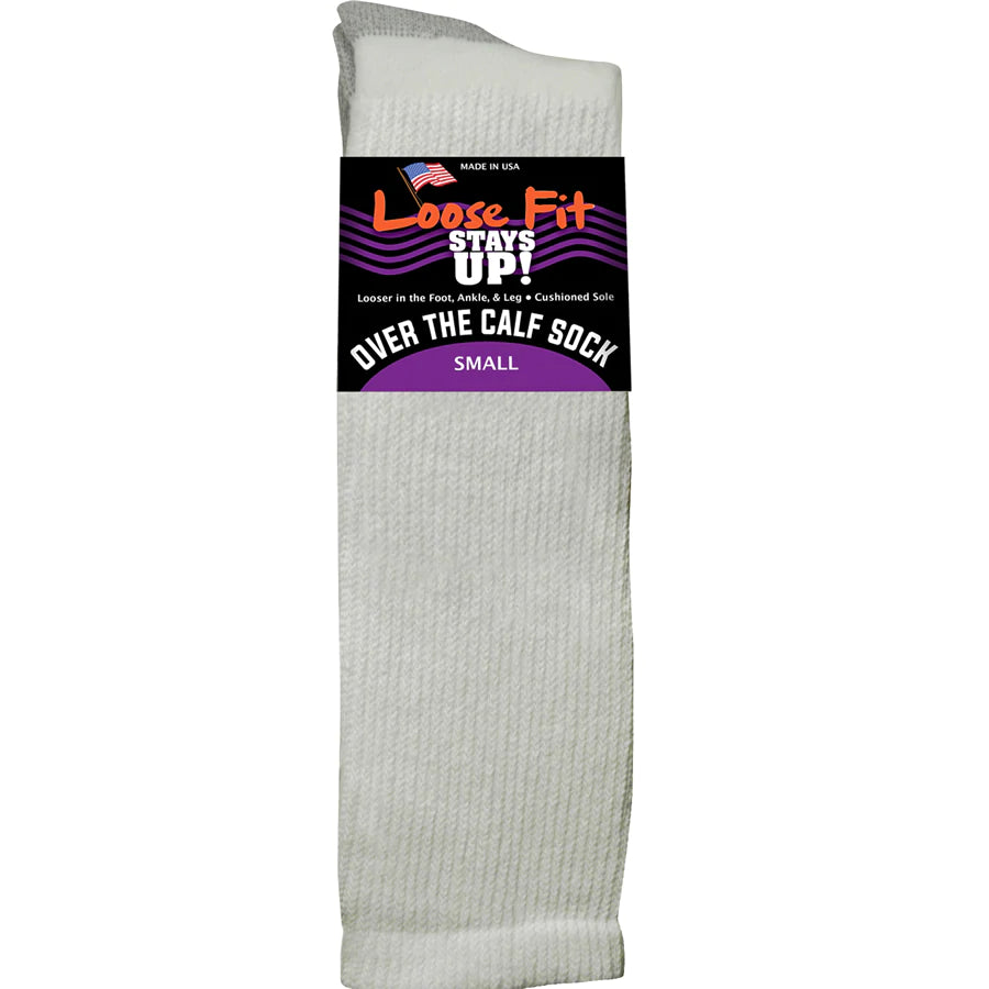loose fitting (no tight elastic) over the calf sock that will stay up and is suitable for those with regular sized feet, OR for those with wide feet.