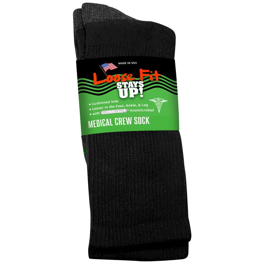 Loose Fit Medical Cotton Crew Socks in Black - The Sockery