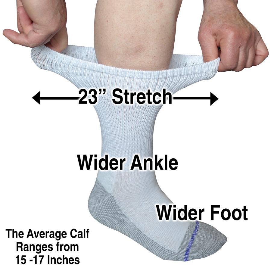 Two hands stretching the top of a loose fit sock, demonstrating a stretch of up to 23'' - The Sockery
