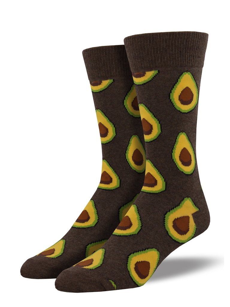 Mens crew sock in heather brown with an avocado design over the whole sock