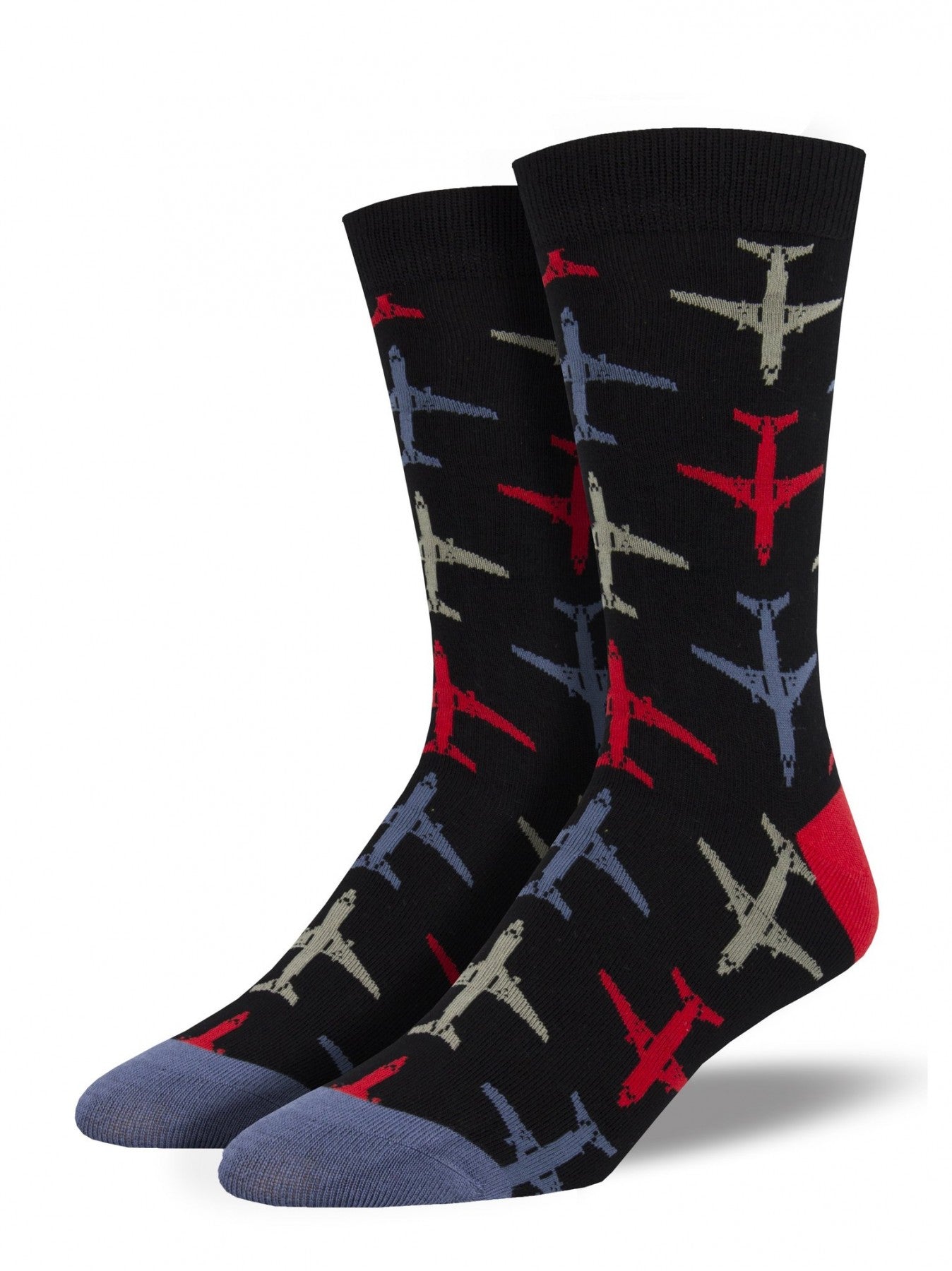 Black mens bamboo crew sock with coloured aeroplanes design 