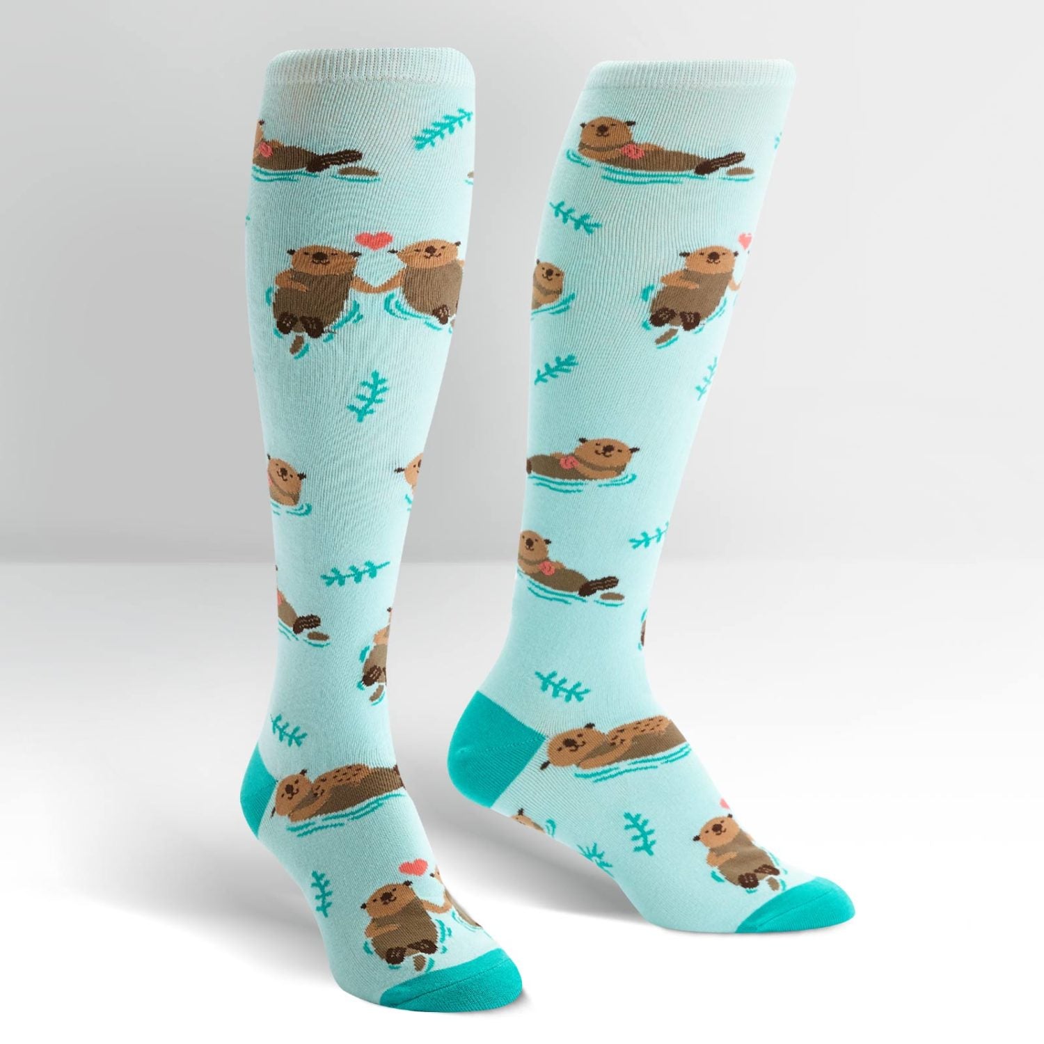 blue novelty womens knee highs with otters holding hands