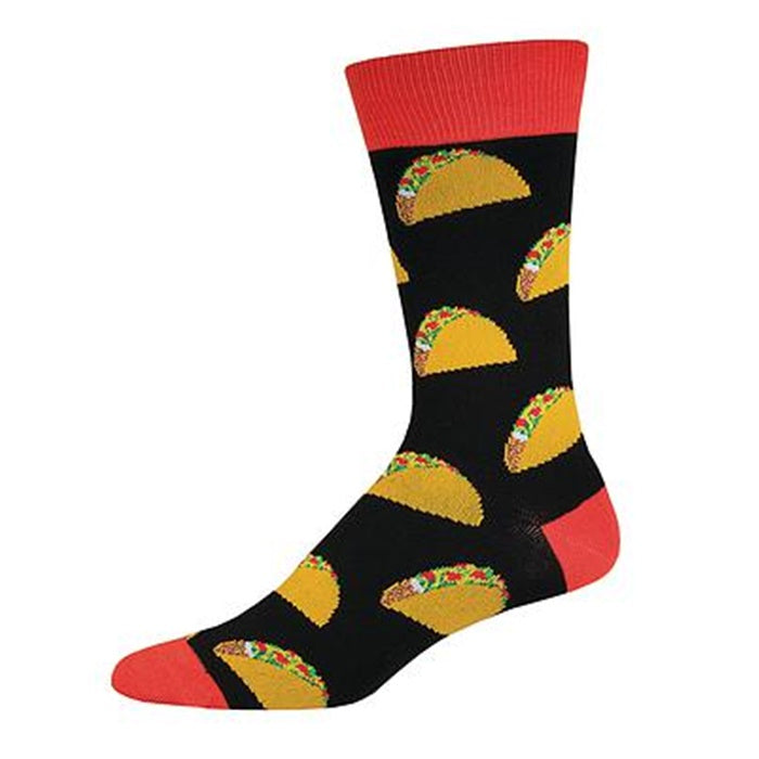 mens fun novelty crew socks with filled tacos on a black sock. brick red heel, toe and cuff