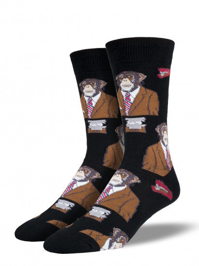 fun black mens crew socks with monkeys dressed in business suits