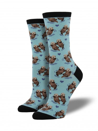 Fun womens blue crew sock with otters holding hands