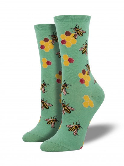 womens green sock with a design of honey bees and honey comb