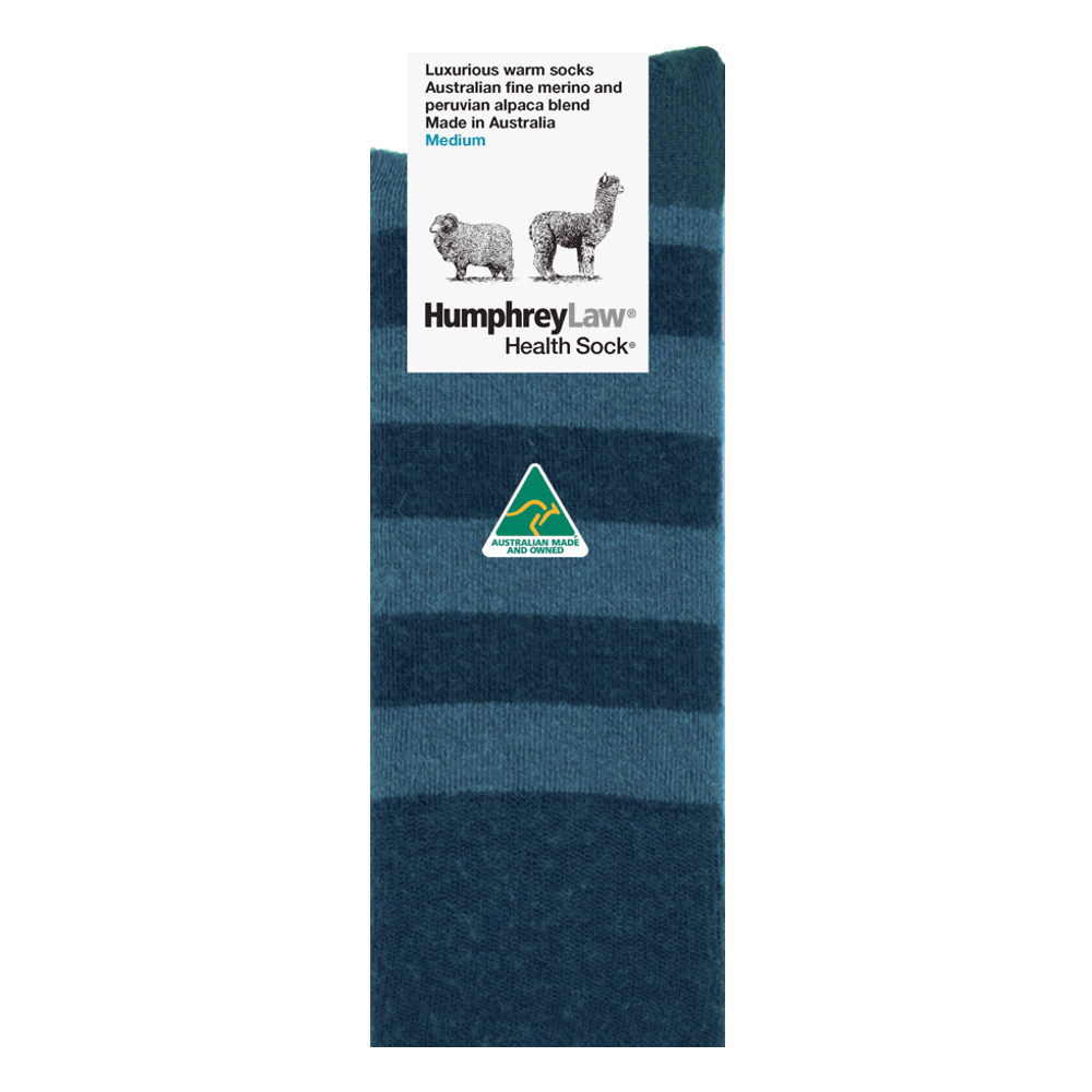 Humphrey Law Womens Merino & Alpaca Blend Australian Made Health Crew Sock in Teal Stripe
