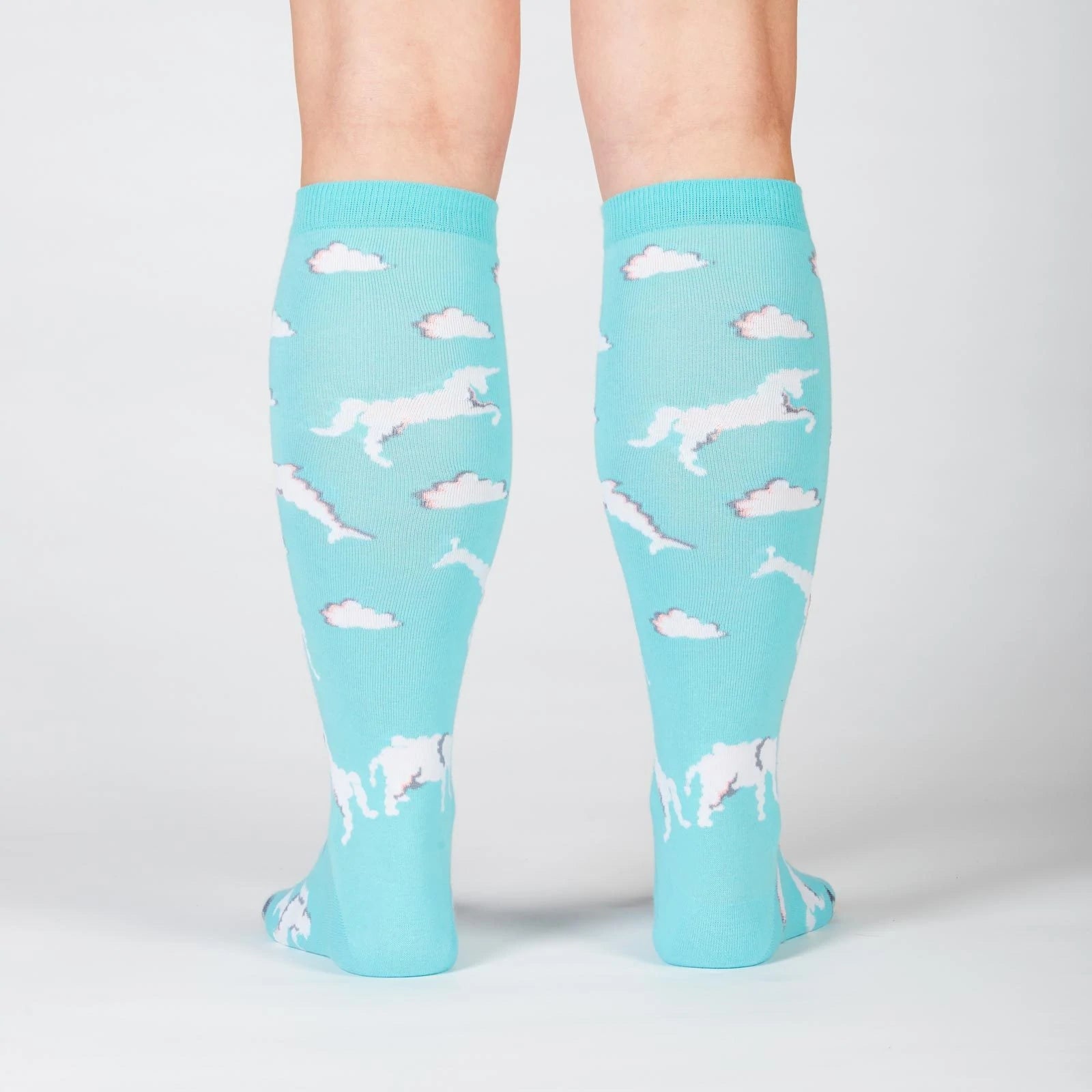 Back view of sky blue knee high socks with cloud animals - The Sockery