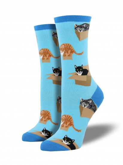 Cats in Boxes Women's Crew Socks in Bright Blue