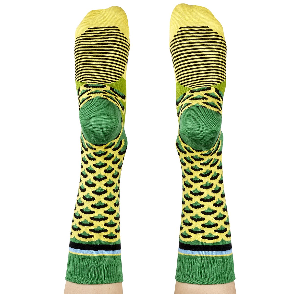 pair of feet wearing green budgie socks -The Sockery