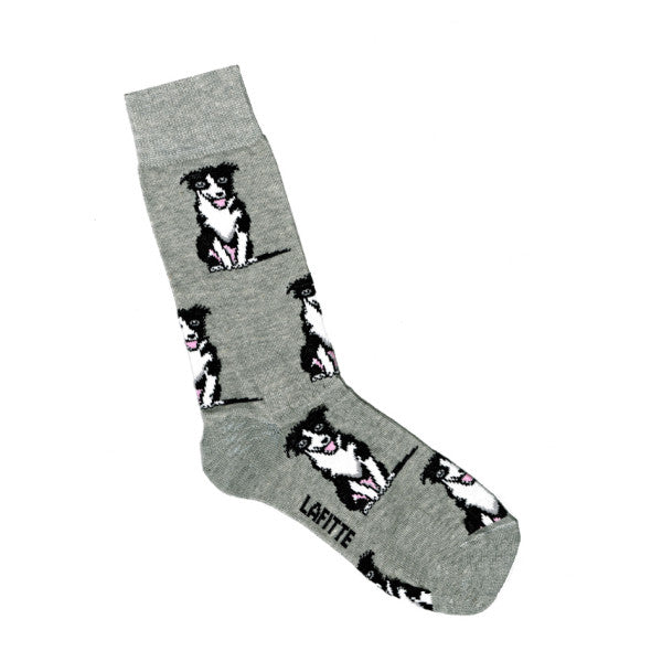 Grey novelty crew sock with border collie dog design