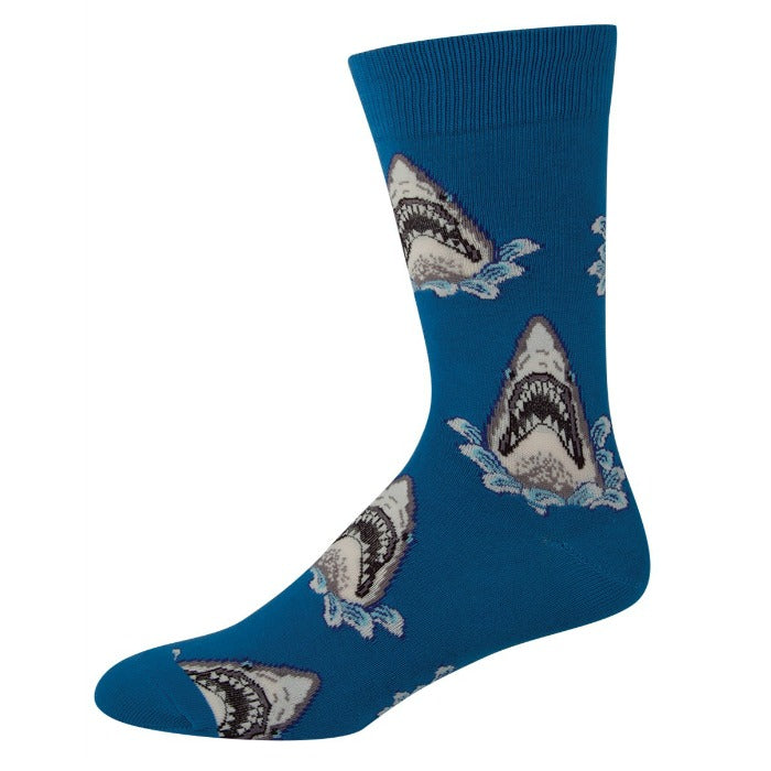 blue mens crew sock with shark head coming up out of the sea