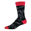 black mens novelty crew sock with maths and science equations with red heel, toe and cuff